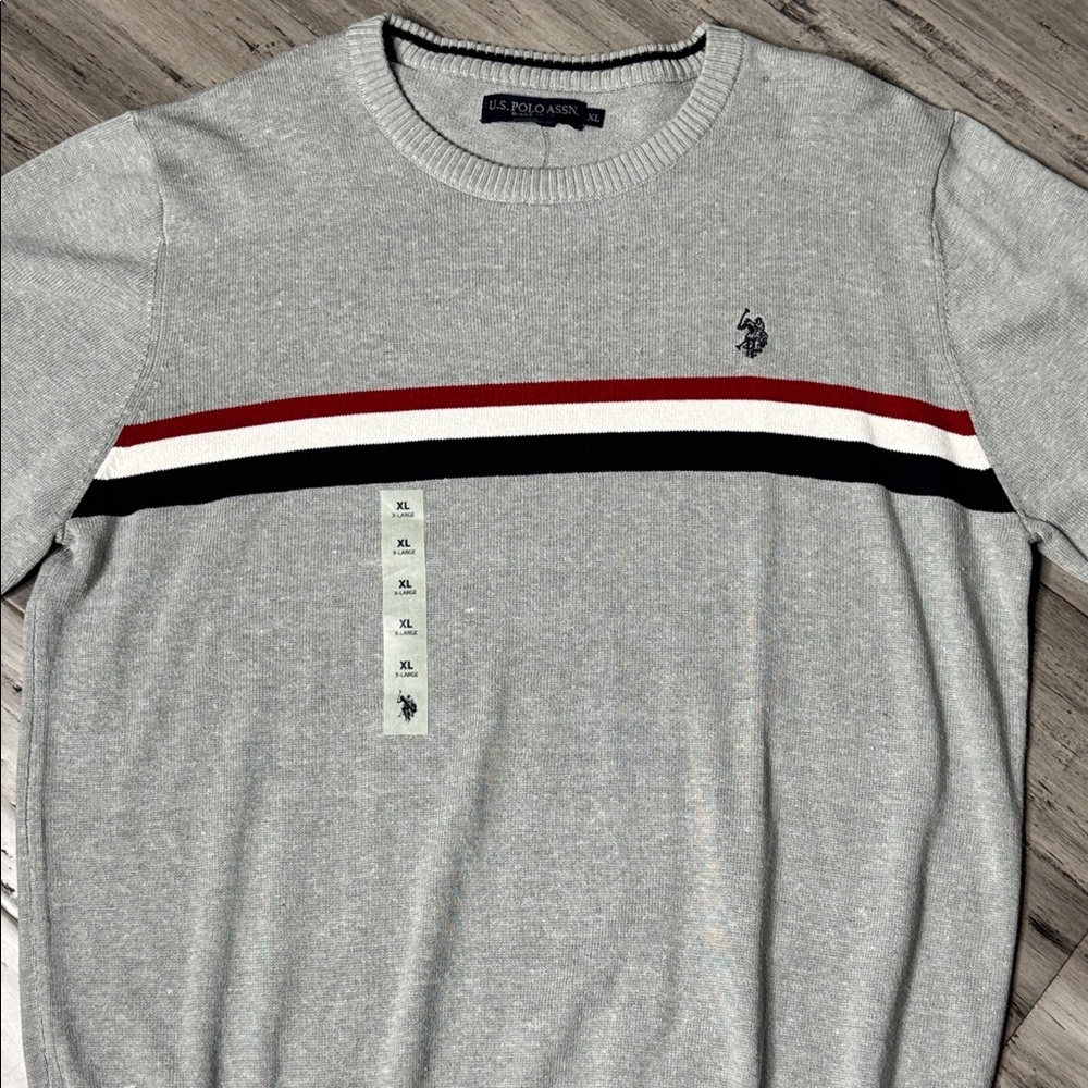 U.S. POLO ASSN HEATHER GREY MENS CHEST STRIPE CREWNECK SWEATER **NWT** - Picture 3 of 9